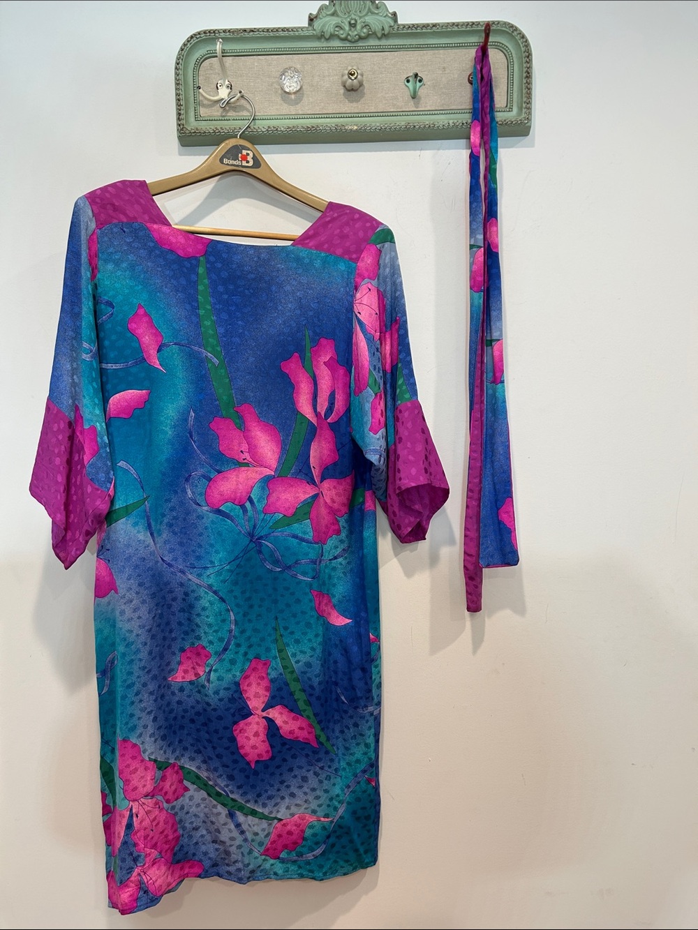 Vintage 1980s Flora Kung Silk Blue Pink Floral Mini Dress Matching Sash belt 14
